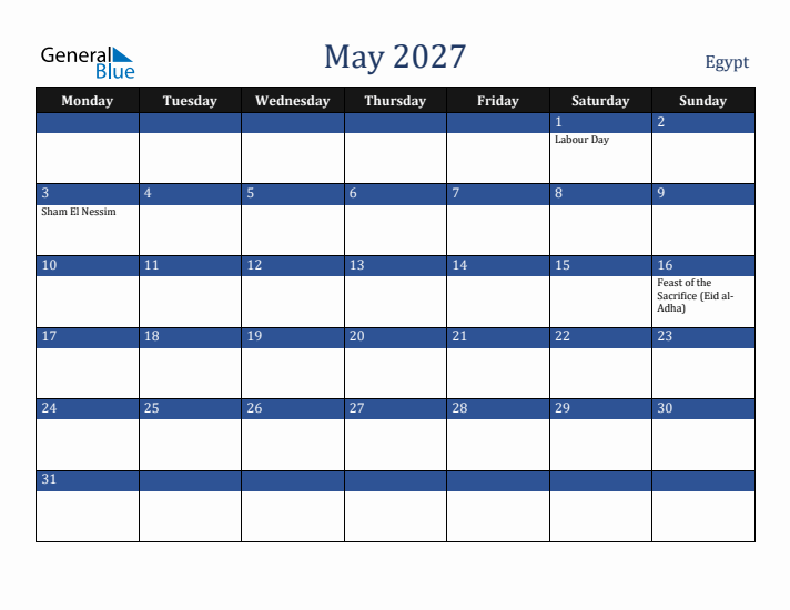 May 2027 Egypt Calendar (Monday Start)