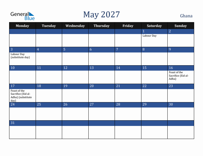 May 2027 Ghana Calendar (Monday Start)