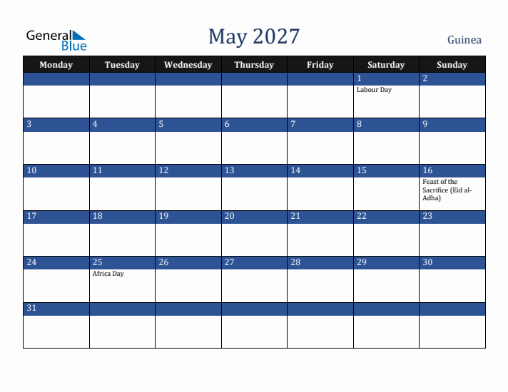 May 2027 Guinea Calendar (Monday Start)
