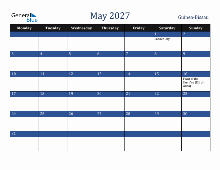 May 2027 Guinea-Bissau Calendar (Monday Start)