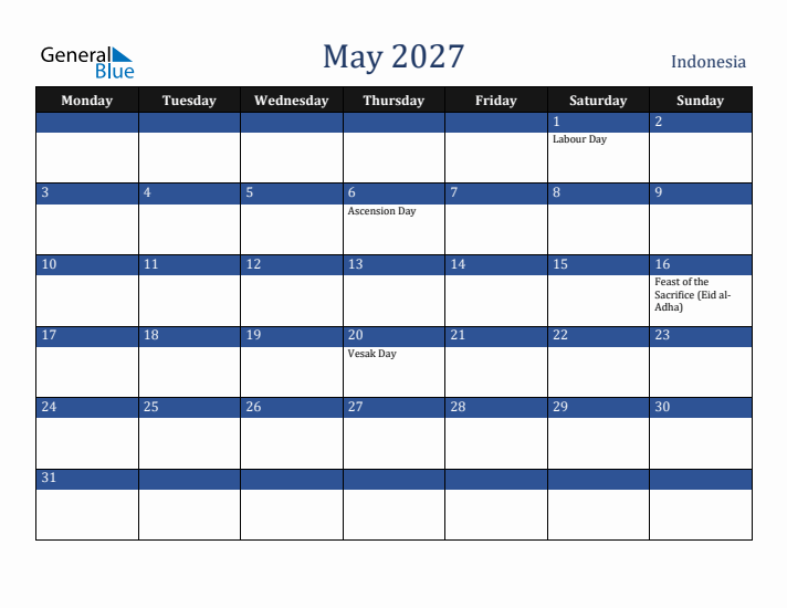 May 2027 Indonesia Calendar (Monday Start)