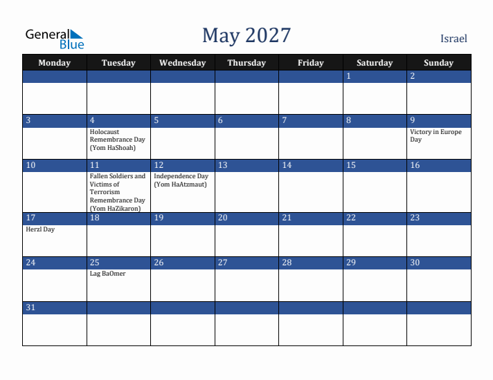 May 2027 Israel Calendar (Monday Start)
