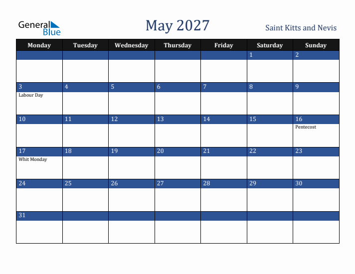 May 2027 Saint Kitts and Nevis Calendar (Monday Start)