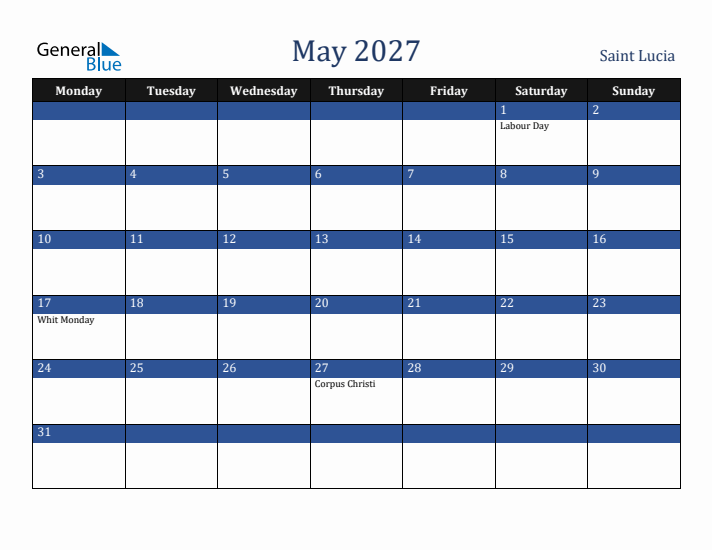 May 2027 Saint Lucia Calendar (Monday Start)