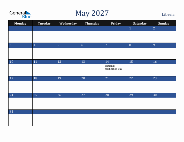 May 2027 Liberia Calendar (Monday Start)