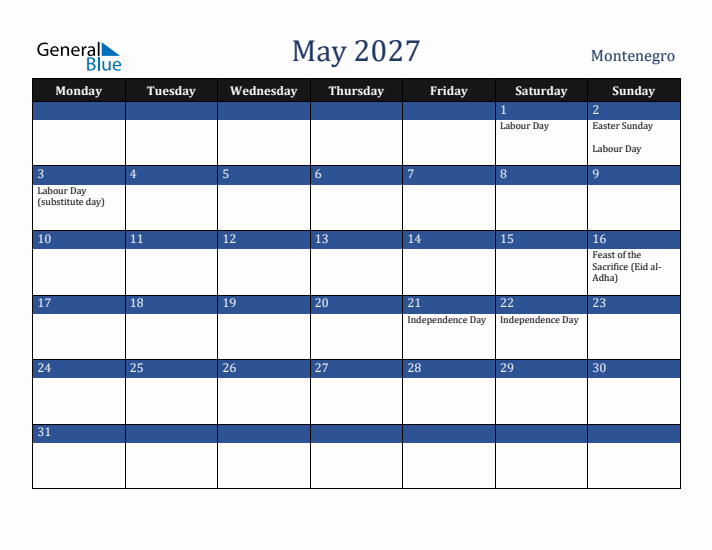 May 2027 Montenegro Calendar (Monday Start)