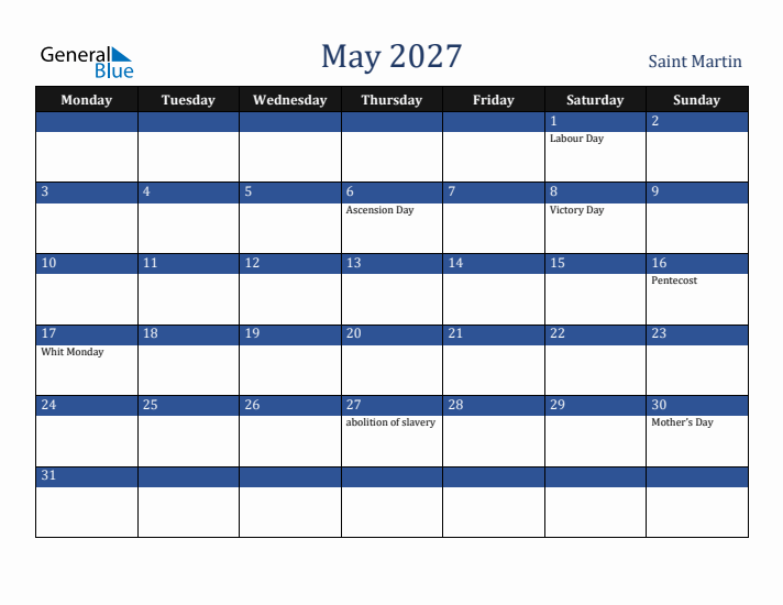 May 2027 Saint Martin Calendar (Monday Start)