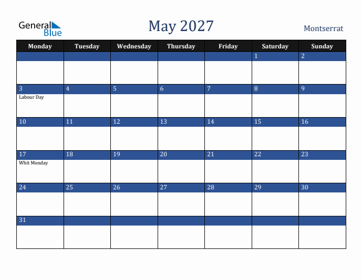 May 2027 Montserrat Calendar (Monday Start)