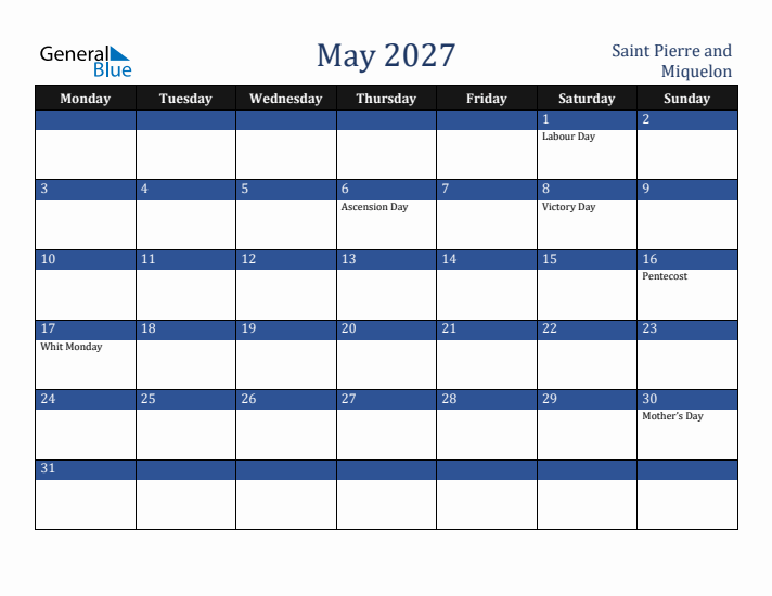 May 2027 Saint Pierre and Miquelon Calendar (Monday Start)