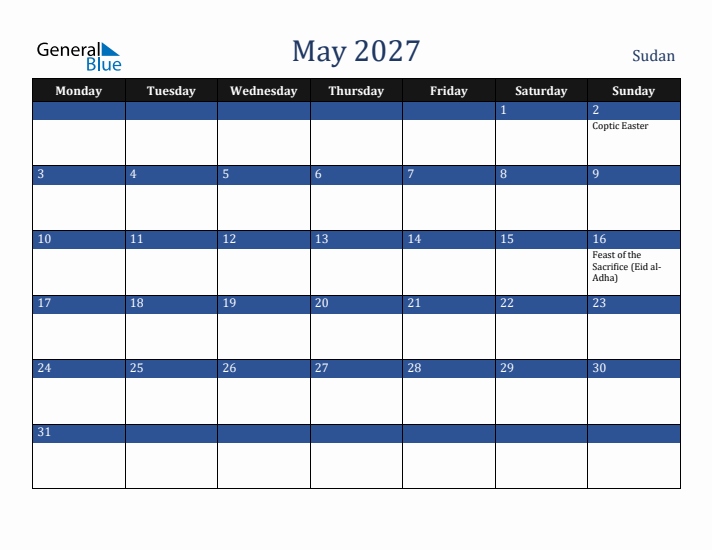 May 2027 Sudan Calendar (Monday Start)