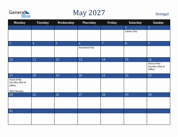 May 2027 Senegal Calendar (Monday Start)