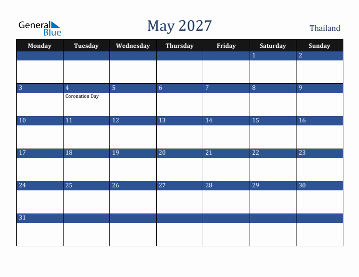 May 2027 Thailand Calendar (Monday Start)