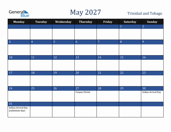 May 2027 Trinidad and Tobago Calendar (Monday Start)