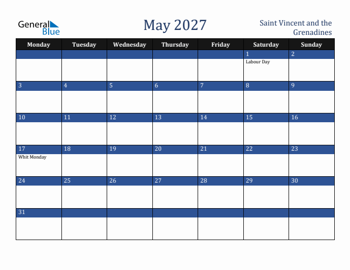 May 2027 Saint Vincent and the Grenadines Calendar (Monday Start)