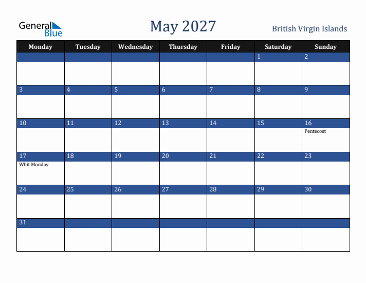 May 2027 British Virgin Islands Calendar (Monday Start)