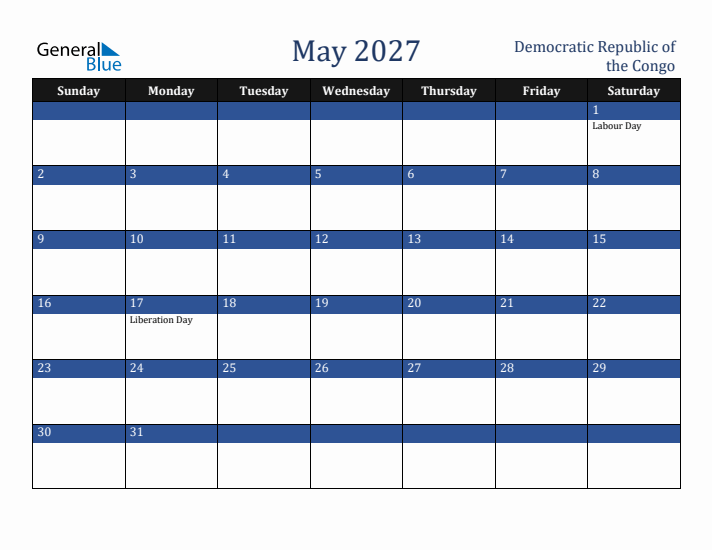 May 2027 Democratic Republic of the Congo Calendar (Sunday Start)