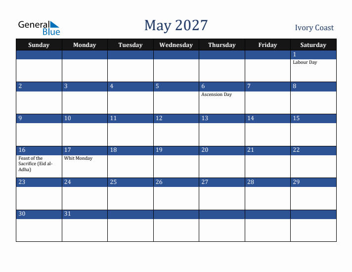 May 2027 Ivory Coast Calendar (Sunday Start)