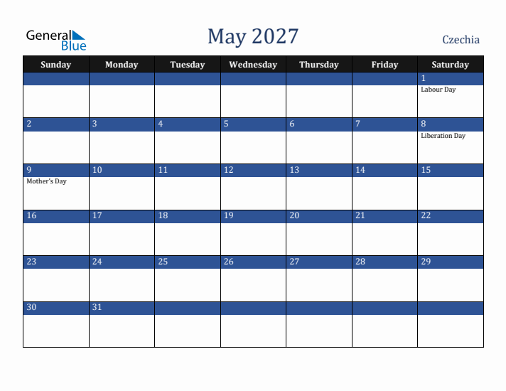 May 2027 Czechia Calendar (Sunday Start)