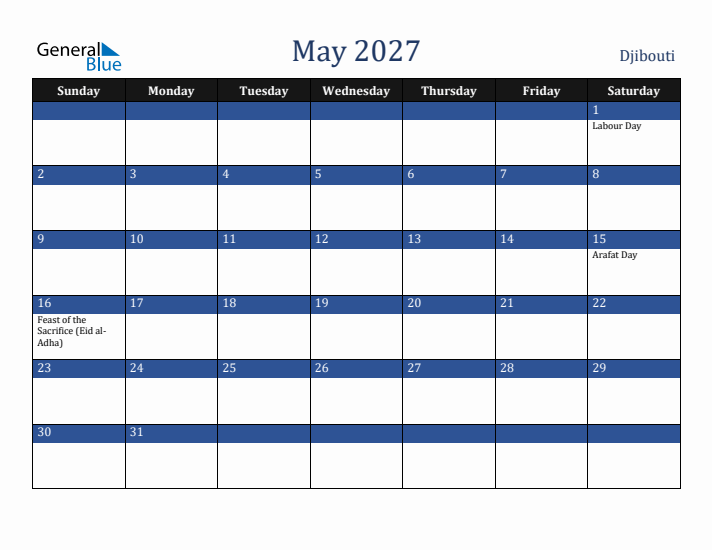 May 2027 Djibouti Calendar (Sunday Start)
