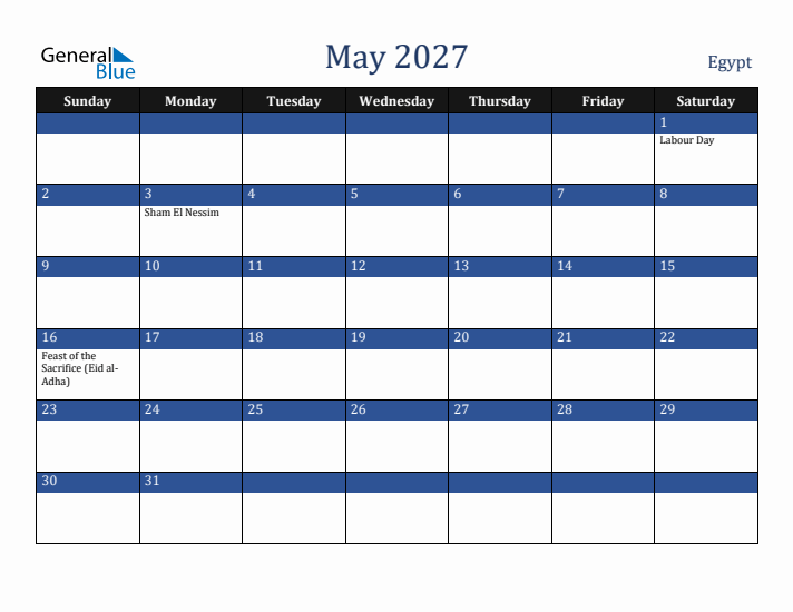 May 2027 Egypt Calendar (Sunday Start)