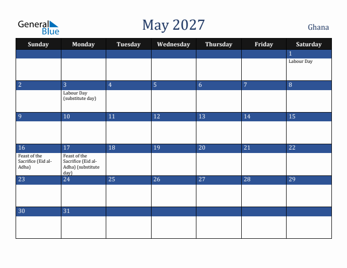 May 2027 Ghana Calendar (Sunday Start)