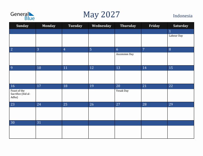 May 2027 Indonesia Calendar (Sunday Start)