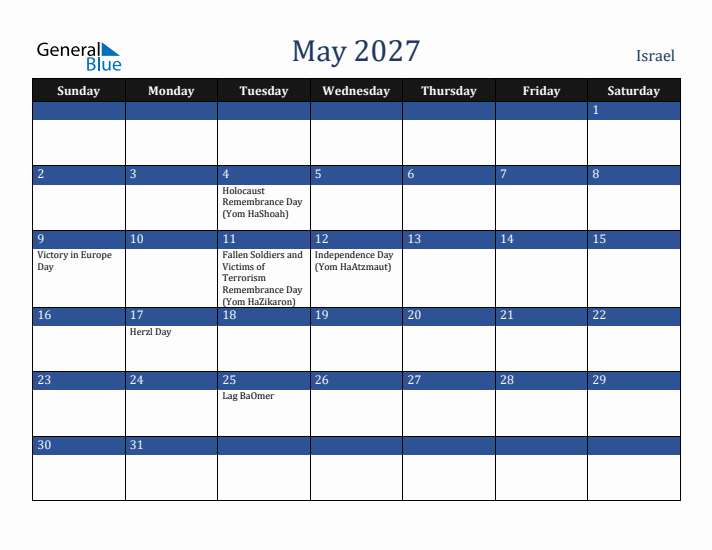 May 2027 Israel Calendar (Sunday Start)