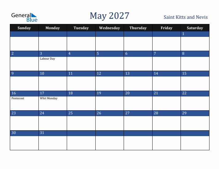 May 2027 Saint Kitts and Nevis Calendar (Sunday Start)