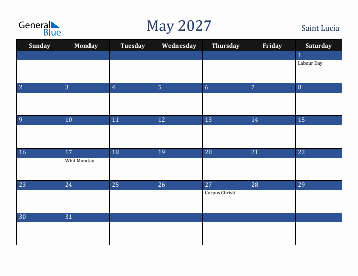 May 2027 Saint Lucia Calendar (Sunday Start)