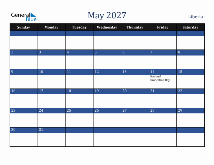 May 2027 Liberia Calendar (Sunday Start)