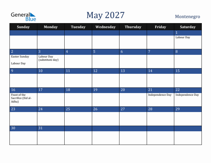 May 2027 Montenegro Calendar (Sunday Start)