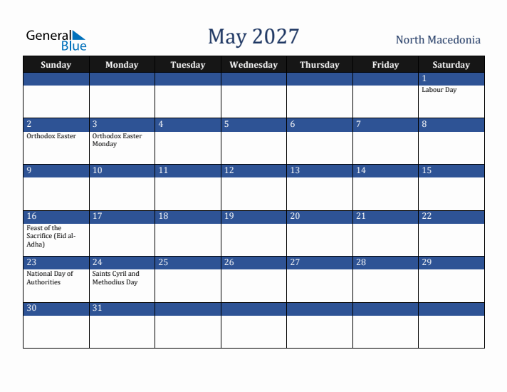May 2027 North Macedonia Calendar (Sunday Start)
