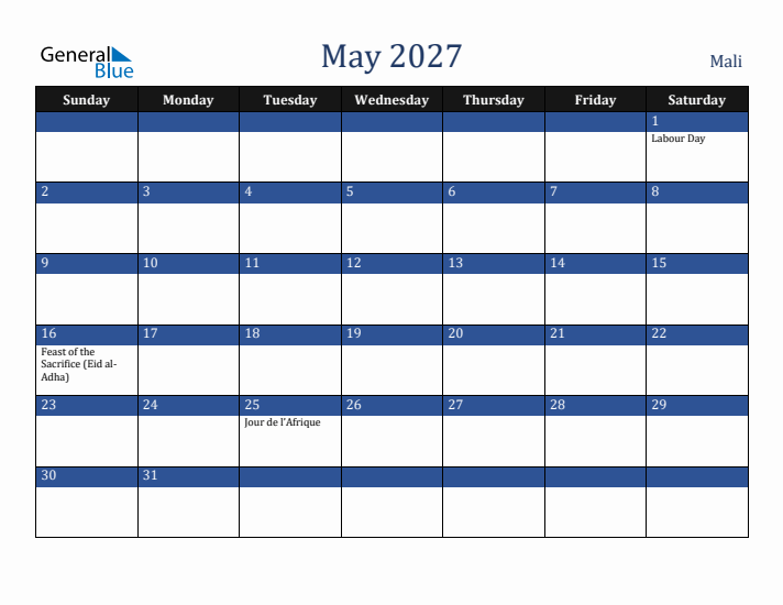 May 2027 Mali Calendar (Sunday Start)