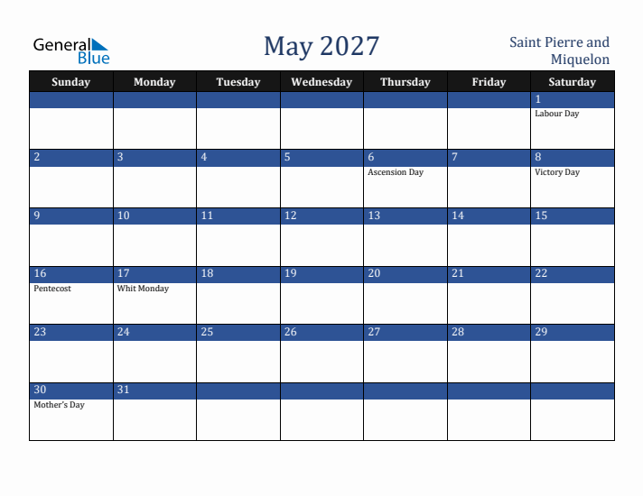 May 2027 Saint Pierre and Miquelon Calendar (Sunday Start)