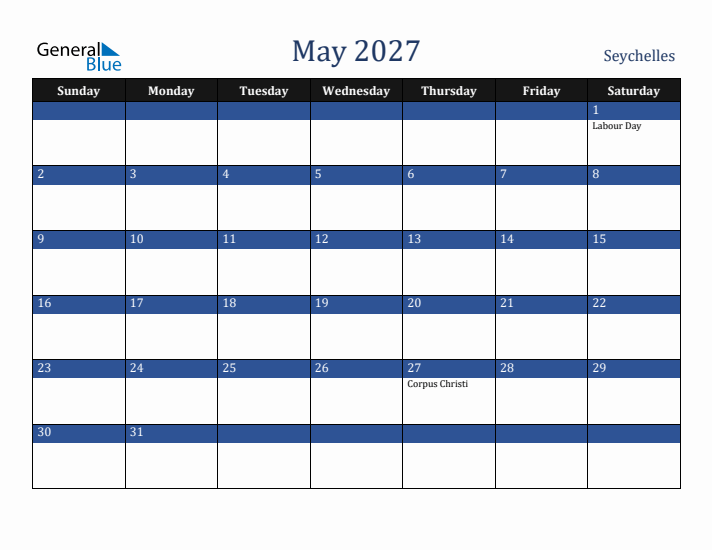May 2027 Seychelles Calendar (Sunday Start)