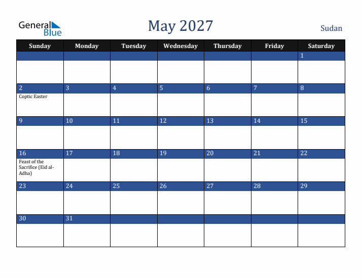 May 2027 Sudan Calendar (Sunday Start)