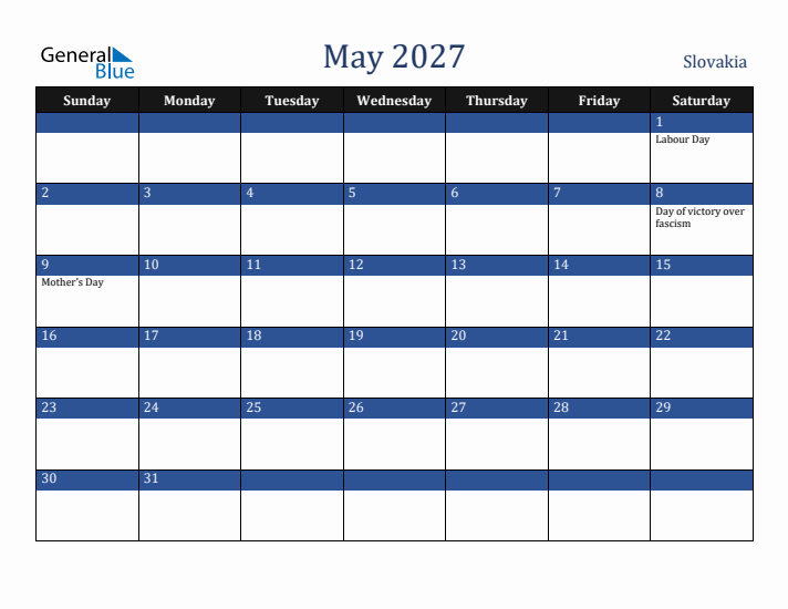 May 2027 Slovakia Calendar (Sunday Start)