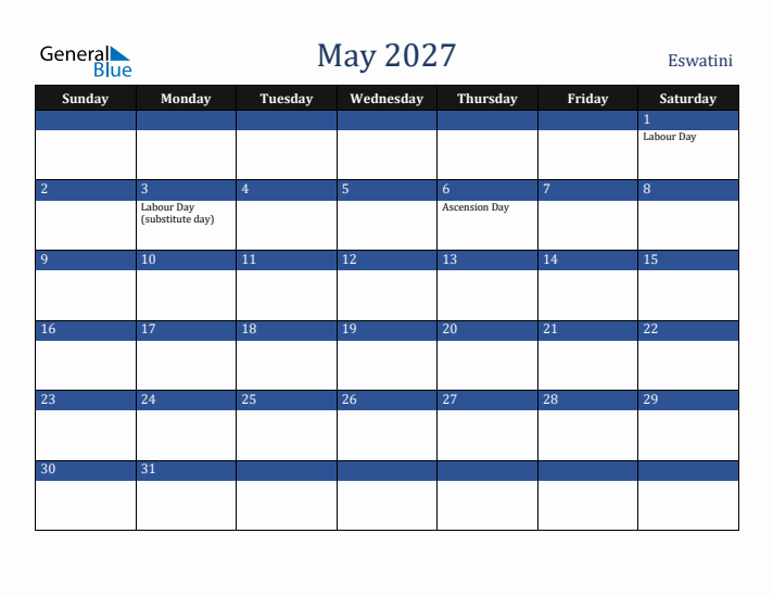 May 2027 Eswatini Calendar (Sunday Start)