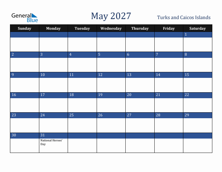 May 2027 Turks and Caicos Islands Calendar (Sunday Start)