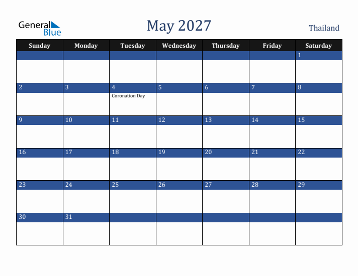 May 2027 Thailand Calendar (Sunday Start)