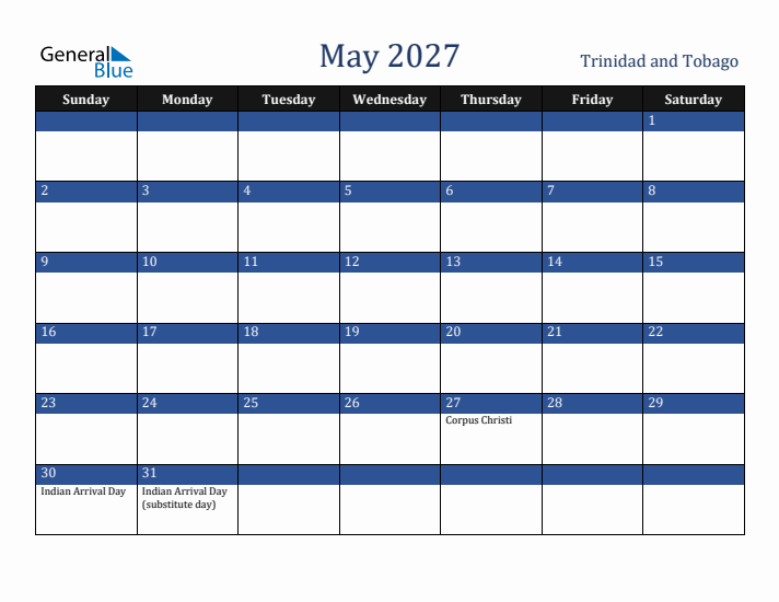 May 2027 Trinidad and Tobago Calendar (Sunday Start)