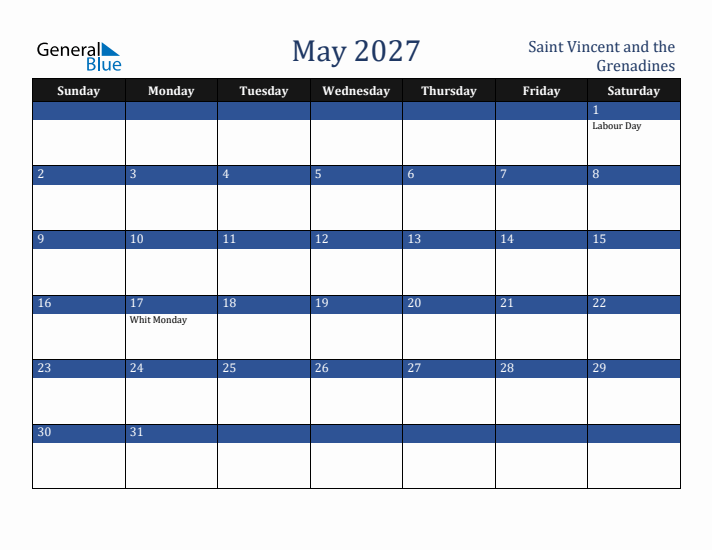 May 2027 Saint Vincent and the Grenadines Calendar (Sunday Start)