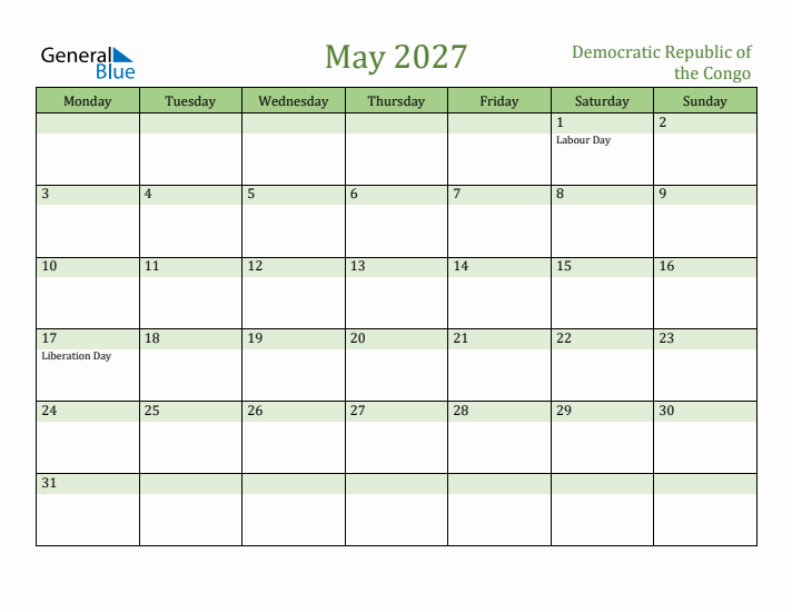 May 2027 Calendar with Democratic Republic of the Congo Holidays