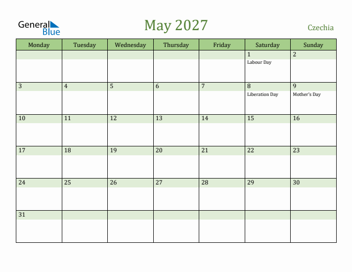 May 2027 Calendar with Czechia Holidays