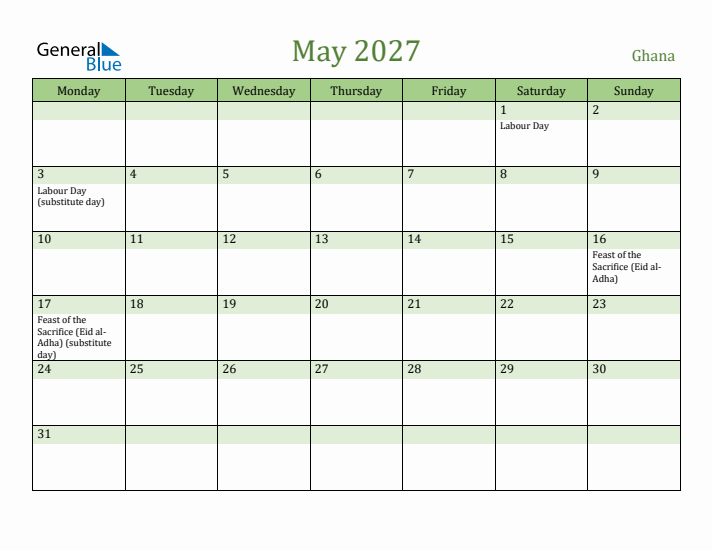 May 2027 Calendar with Ghana Holidays