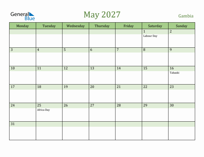 May 2027 Calendar with Gambia Holidays