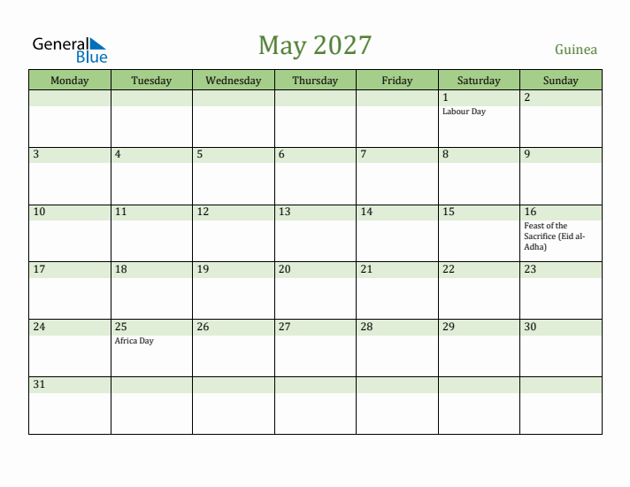May 2027 Calendar with Guinea Holidays