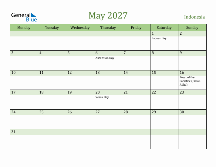 May 2027 Calendar with Indonesia Holidays