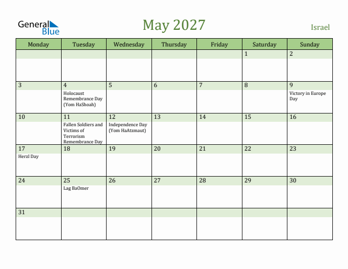 May 2027 Calendar with Israel Holidays
