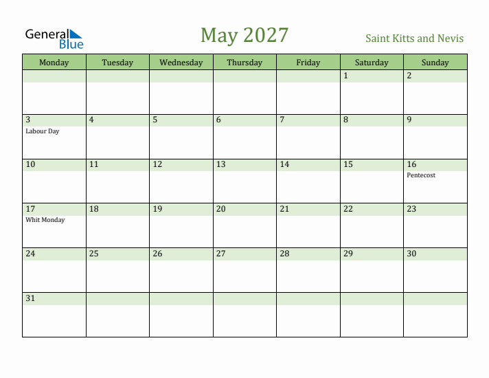 May 2027 Calendar with Saint Kitts and Nevis Holidays